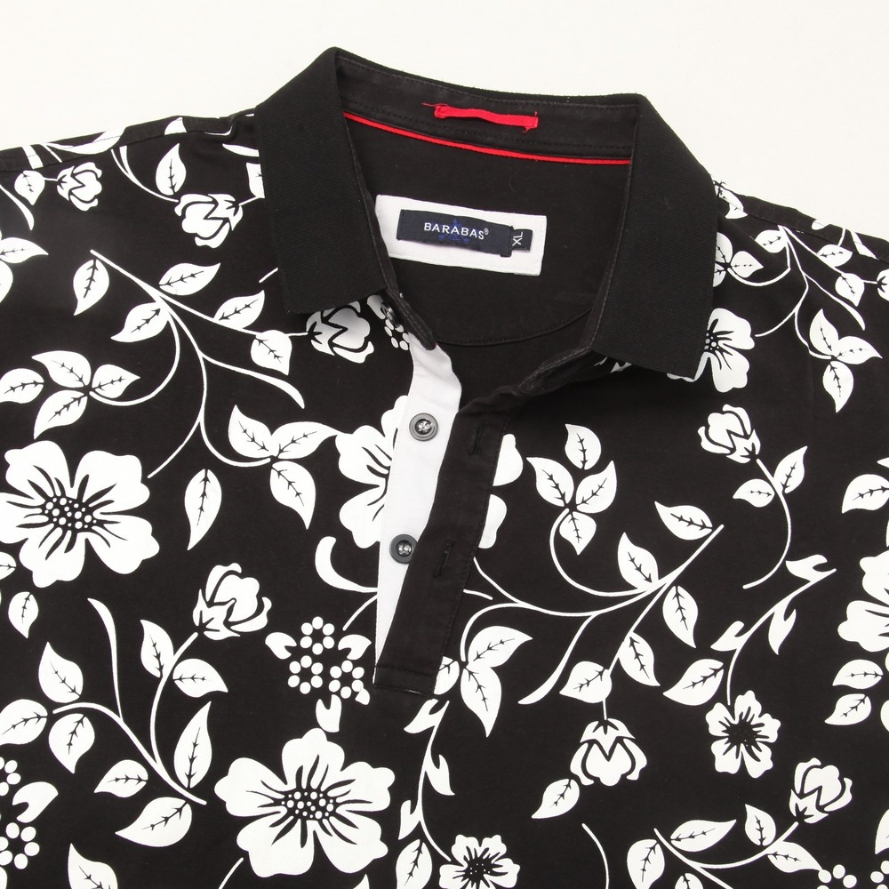 BARABAS Men's XL Black White Floral Short Sleeve Button Polo Shirt Cotton Blend